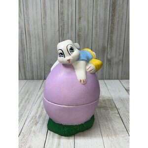 Vintage Ceramic Bunny Easter Rabbit Laying On Purple Egg Trinket Box Big Eye